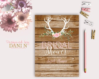 antlers Bridal Shower Invitation, rustic wood Bridal Shower Invite, floral woodland, Bridal Shower Invitation, modern shabby printable diy