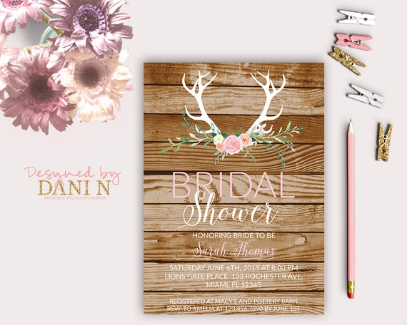 antlers Bridal Shower Invitation, rustic wood Bridal Shower Invite, floral woodland, Bridal Shower Invitation, modern shabby printable diy Il_570xn