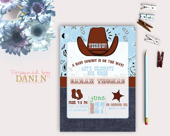 Cowboy baby shower Invitation, western boy shower invite, rustic invitation, printable, blue and brown diy, bandana horse riding invite Il_570xn