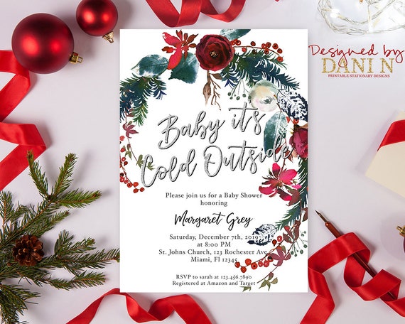 Floral Red Baby It's Cold Outside, Holiday Baby Shower, Christmas Shower, Holiday Floral Wreath, Red Green Flower, Christmas Invitation Il_570xn