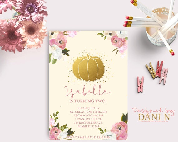 Pink and Gold Pumpkin Birthday Invitation, Fall First Birthday, Pumpkin patch party, Thanksgiving Invitation, Little pumpkin sparkle Party Il_570xn