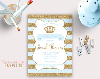 baby shower Invitation, prince baby shower, blue and gold crown invitation, printable little prince, shabby baby blue diy, stripes and crown