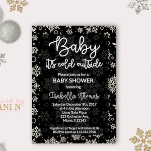 baby shower invitation, Baby its cold outside, snowflake neutral shower, silver glitter black, winter baby, Christmas baby Shower, Frozen image 1