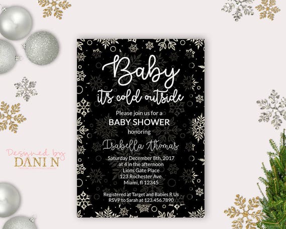 baby shower invitation, Baby its cold outside, snowflake neutral shower, silver glitter black, winter baby, Christmas baby Shower, Frozen Il_570xn