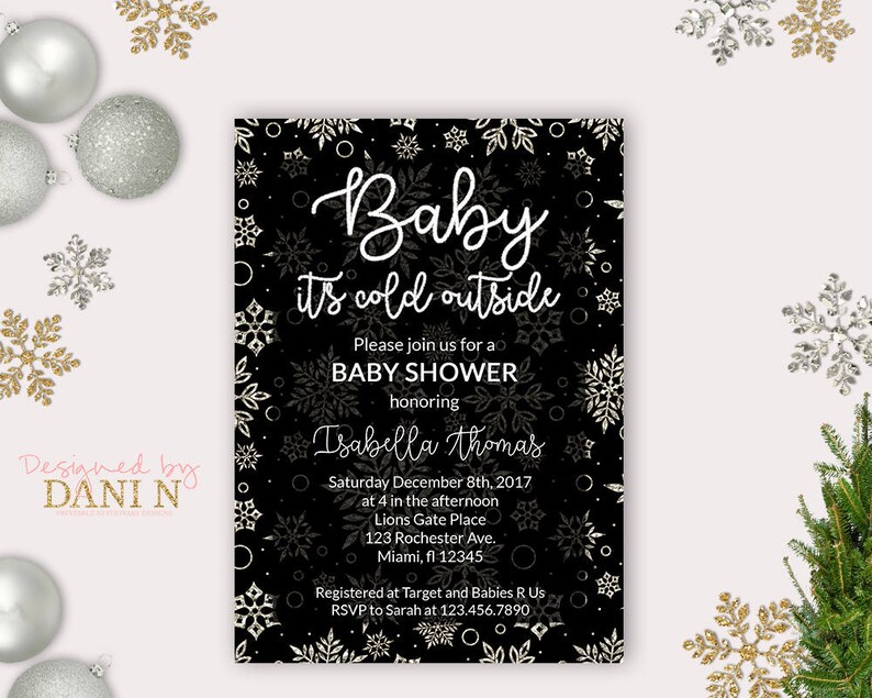 baby shower invitation, Baby its cold outside, snowflake neutral shower, silver glitter black, winter baby, Christmas baby Shower, Frozen image 1