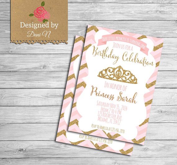 Princess Birthday invitation, glitter sparkle printable invite, crown pink and gold party, first birthday, Any Age Birthday Party Il_570xn