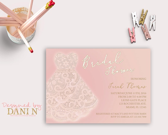Pink Bridal Shower Invitation, Wedding Dress Invite, Gold and Pink Bridal Party, Pink Wedding, Lace Wedding Dress, Engagement, Printable Il_570xn