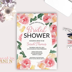 watercolor roses Bridal Shower Invitation, painted flowers cute and elegant, floral, Bridal Shower Invitation, modern shabby printable diy image 1