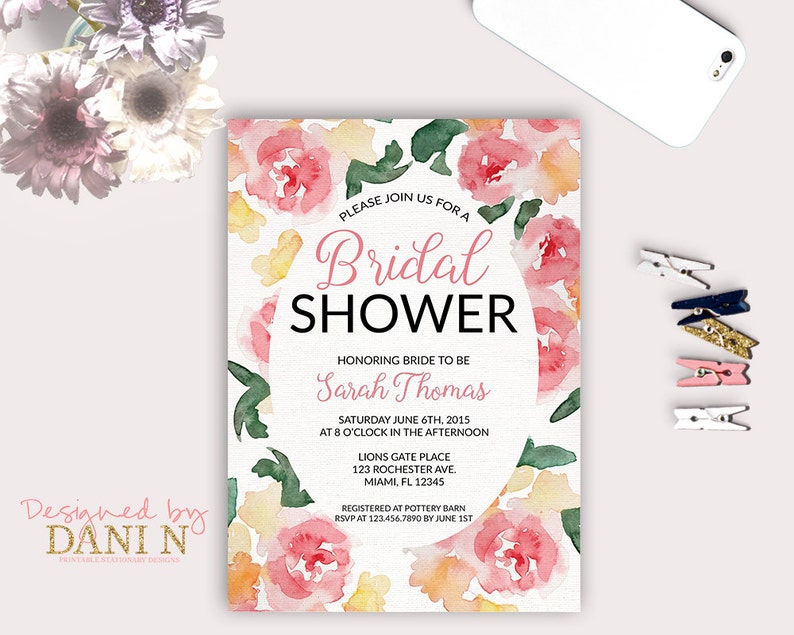 watercolor roses Bridal Shower Invitation, painted flowers cute and elegant, floral, Bridal Shower Invitation, modern shabby printable diy image 1