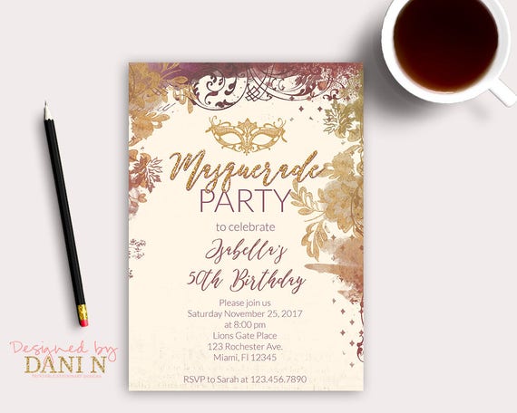 Masquerade Party birthday invitation, Gold and purple, elegant invitation mask, adult birthday, 30th, 50th, 60th, Lace party, mascaraed Il_570xn