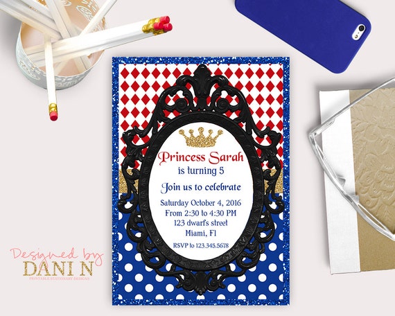 Princess Snow White Birthday Invitation, Gold, blue red party, Princesses invitation, girl party, disney princess snow white birthday invite Il_570xn