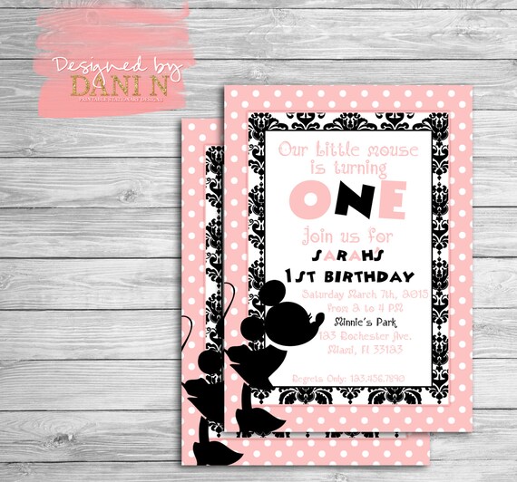 Minnie Mouse Birthday Invitation, pink minnie party invite, pink and black, first birthday, any age, paris style minnie, elegant printable Il_570xn