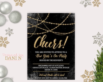 New Year Party Invitation, 2016 Holiday Party invite, Cheers for New Years Eve, Gold glitter, black party printable diy, Happy New Year!