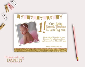 Pink and Gold Photo Invite, Birthday Party INVITATION, glitter sparkle Party, 1st birthday, 3rd birthday, Girl Princess First Birthday