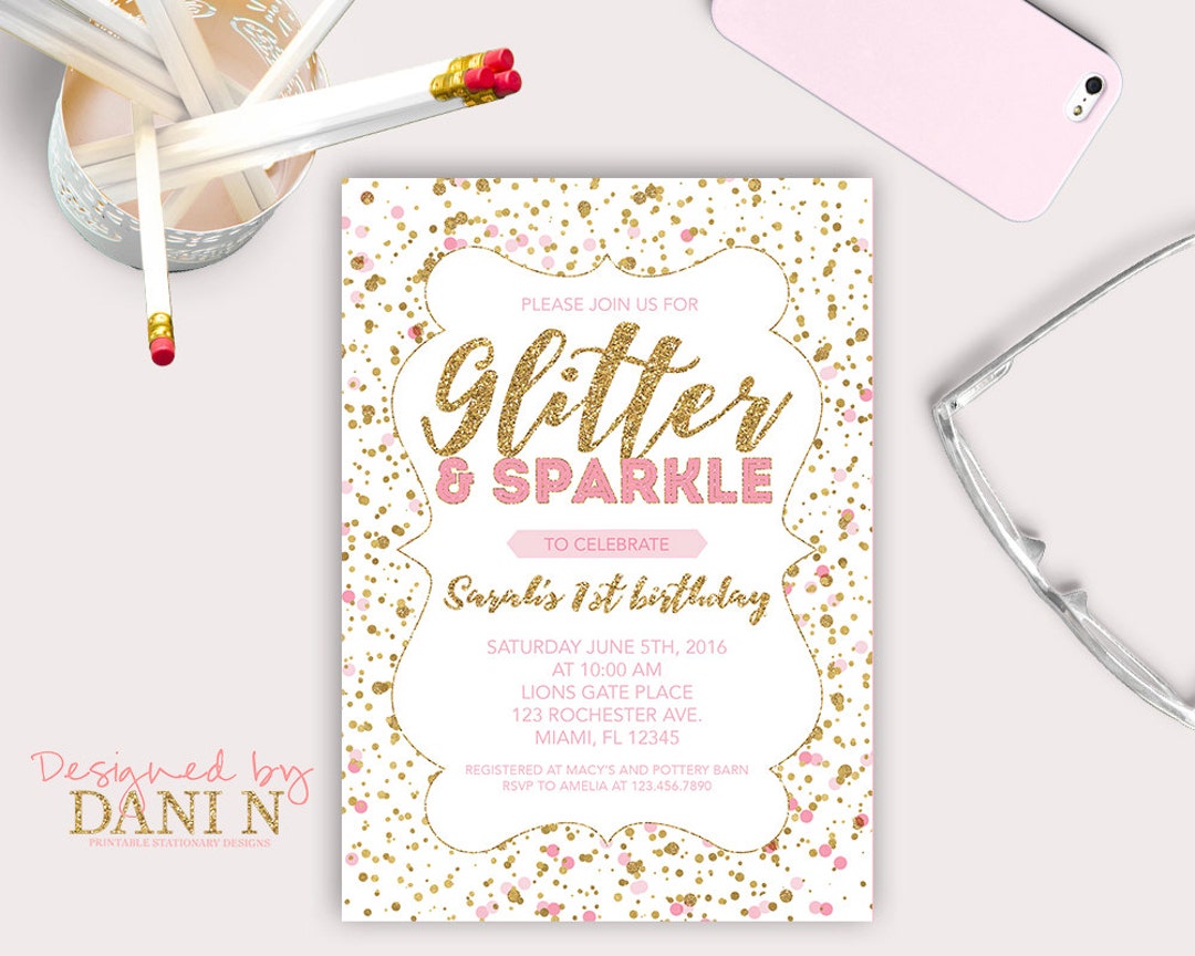 Glitter and Sparkle Birthday Party INVITATION, Pink Polka Dots
