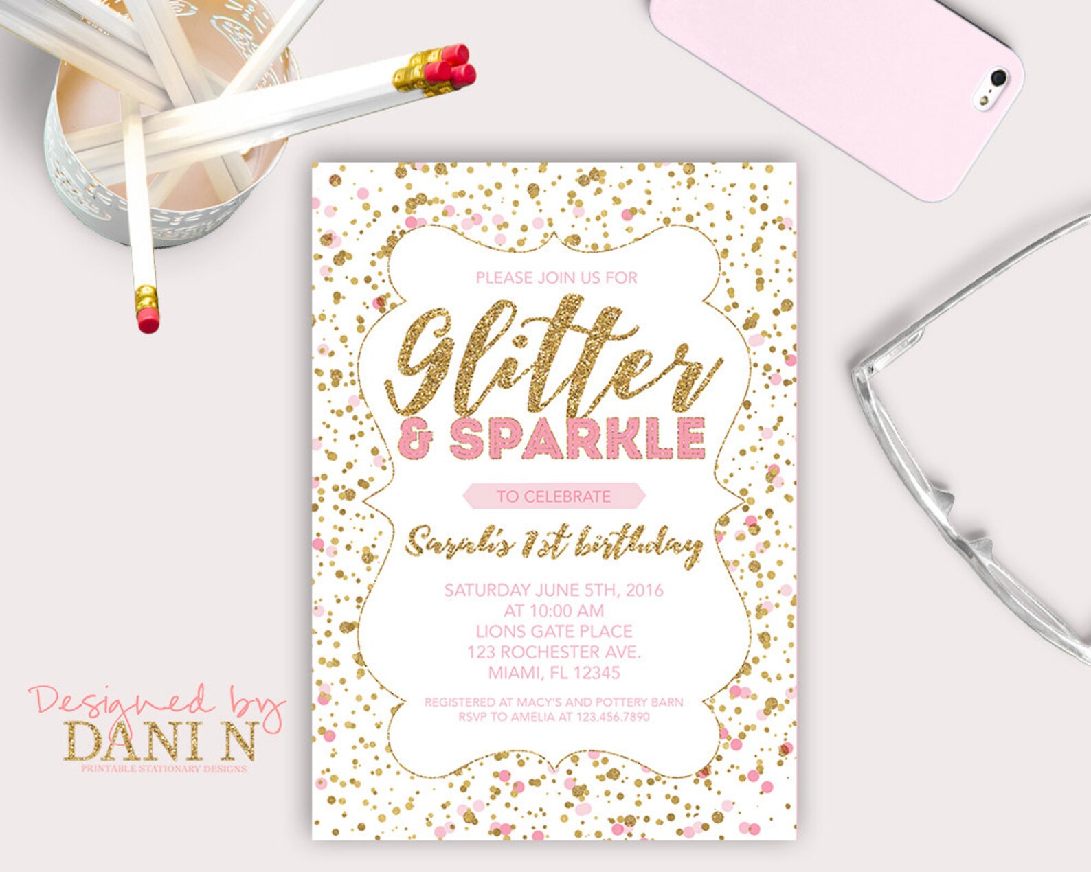 Glitter and Sparkle Birthday Party INVITATION Pink Polka Dots Etsy