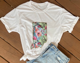 Indiana Cactus Floral T-shirt; Girly State Tee; IN; Indiana