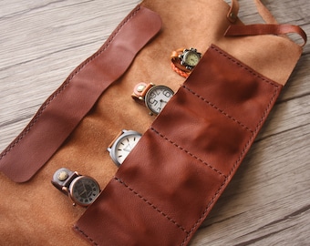 Hand Stitched Full Grain Leather Watch Roll: Pen & Tool Case