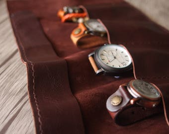 Leather watch roll, watch case, hand stitched watch sleeve, pen case, pen sleeve, tool roll, tool case, genuine full gran leather made