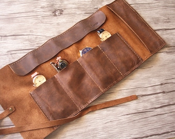 Handgestikt volnerf lederen horlogerol: reishorlogekast