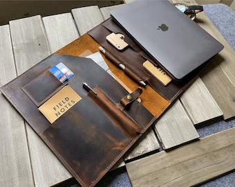 Personalized Leather MacBook Sleeve: Hand Stitched Folio Case