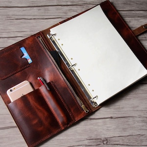 Luxury Leather Binder, A4 Zippered Leather Portfolio, Travel Planner Organizer, Leather Binder Padfolio Notebook Cover