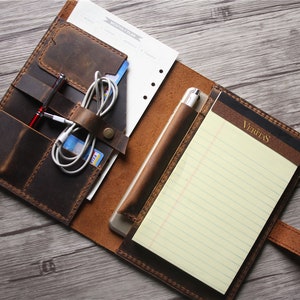 Embossed Leather Portfolio, A5 Folder Padfolio, Travel Planner Organizer, Leather Binder Notebook Cover