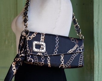 Iconic 2000s Black Gold Chain Link Print Shoulder Purse // Y2K Guess Flap Closure Purse with Chain Link Strap
