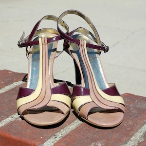 Tan Purple Enzo Angiolini Eapreciosa Art Deco Style High Heel Sandal