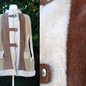 1970s Brown, Tan Suede Poncho with Faux Fur Trim // 70s Patchwork Striped Leather Suede Cape with White Ivory Fur Trim and Snap Closures