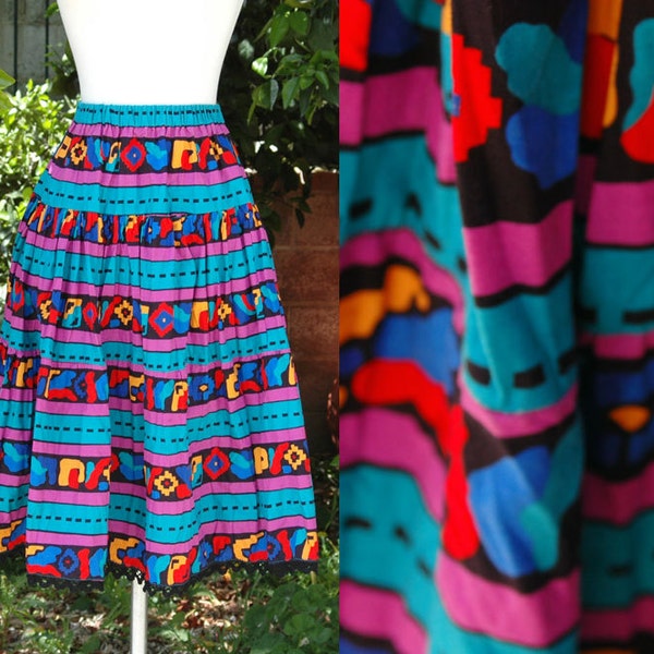 1980s 1990s Purple, Teal, Black Aztec Inspired Tiered Peasant Skirt // 80s 90s Bright Colorful Southwestern Inspired Country Skirt