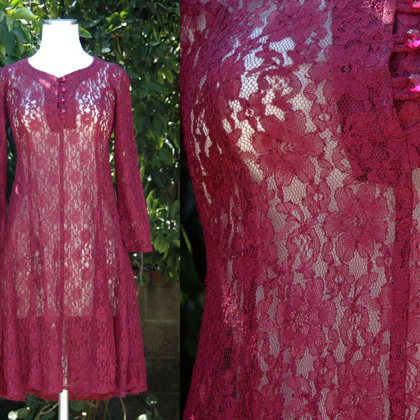 1980s Maroon Red Sheer Lace Dress // 80s 90s Grunge Lace Dress with Long Sleeves and Corset Back