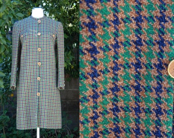 1960s Tweed Houndstooth Brown, Blue and Green Collarless Coat // 60s Houndstooth Long Winter Coat