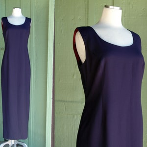 1990s Navy Blue Sleeveless Scoop Neck Simple Hourglass Formal Dress // 90s Karen Miller Minimalist Maxi Dress