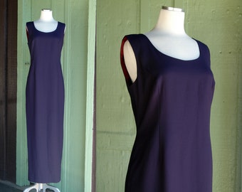 1990s Navy Blue Sleeveless Scoop Neck Simple Hourglass Formal Dress // 90s Karen Miller Minimalist Maxi Dress