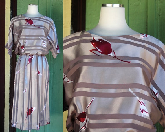 1980s Silver Striped Maroon Red Floral Dress // 8… - image 1