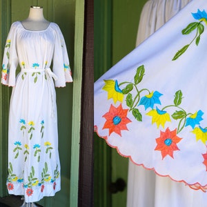 1970s White Embroidered Floral Long Dress // 70s Leandra Crochet Embroideries Relaxed Maxi Dress with Tie Belt