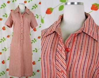 1970s Striped Country Miss Shift Dress // 70s Orange Red Blue White Button Front Midi Dress