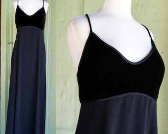 1990s Black Formal Evening Gown with Velvet Bust // 90s Criss Cross Spaghetti Strap Maxi Length Party Dress