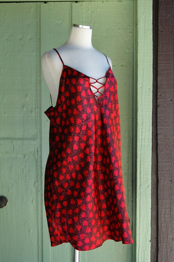 1980s Black Red Heart Print Slip Dress Short Nigh… - image 5