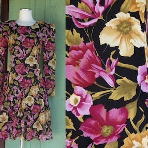 1990s Black Moody Pink Tan Floral Dress // 90s Sheer Long Sleeve Romantic Floral Tulip Hem Knee Length Dress