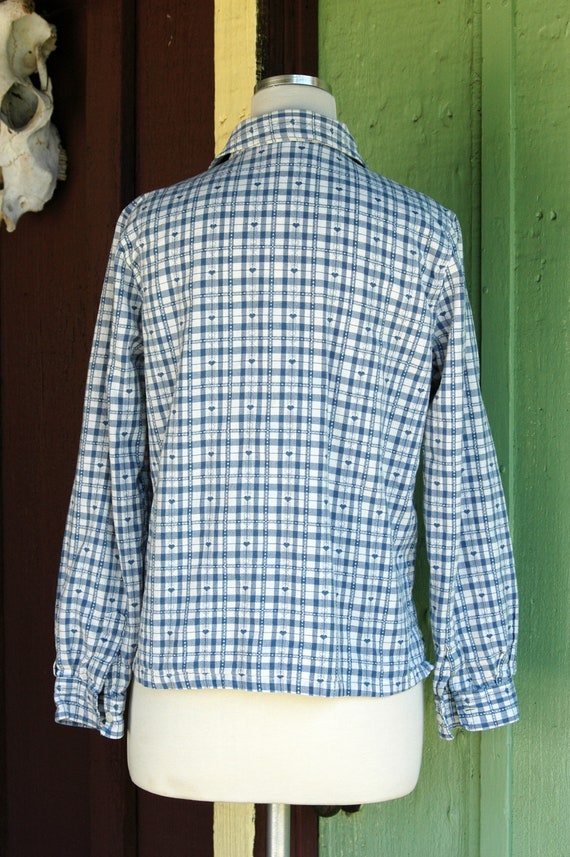 1990s Blue and White Checkered Heart Print Blouse… - image 6