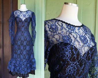 1980s Blue Black Lace Wiggle Dress with Ruffled Skirt // 80s 90s Long Sleeve Sweetheart Bust Formal Party Dress