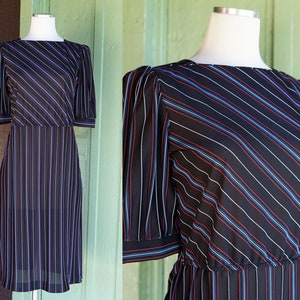 1970s Black Blue White Red Striped Midi Dress // 70s Short Sleeve Striped Casual Dress