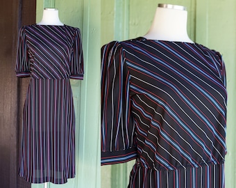 1970s Black Blue White Red Striped Midi Dress // 70s Short Sleeve Striped Casual Dress