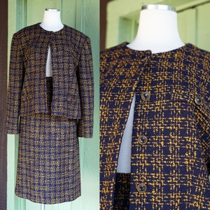 1980s 1990s Navy Blue Golden Yellow Collarless Blazer Skirt Suit Set // 80s 90s Houndstooth Checked Skirt Suit