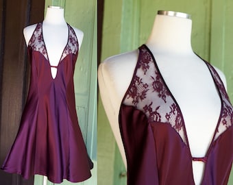 Victorias Secret Merlot Red Wine Halter Slip Mini Dress with Open Back // VS Super Sexy Low Back Lace Short Dress Lingerie