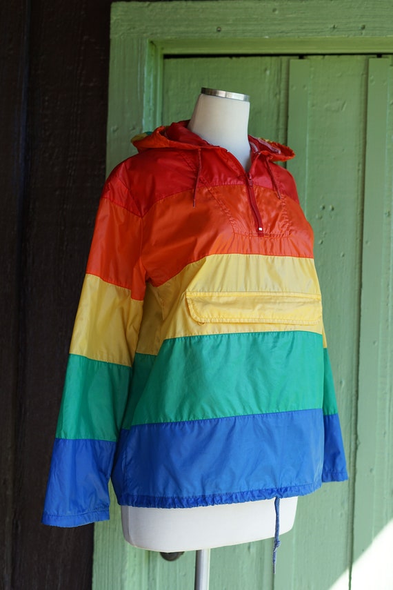 1970s 1980s Rainbow Striped Nylon Pullover with H… - image 4