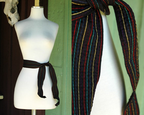 1980s Black Sash Tie Belt with Rainbow Stripe Sti… - image 1