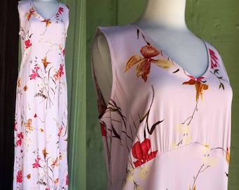 1990s Dusty Pink Rayon Floral Maxi Dress // 90s V Neck Sleeveless Romantic Sweet Spring Flower  Dress